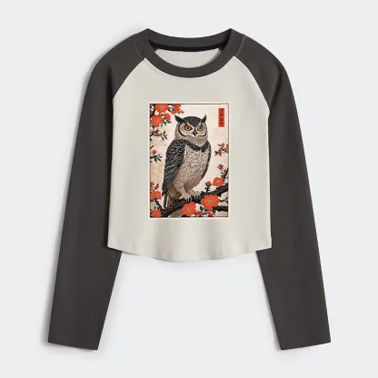 Tokyo-Tiger Vintage Japanese Owl Women's Crop Raglan T-Shirt