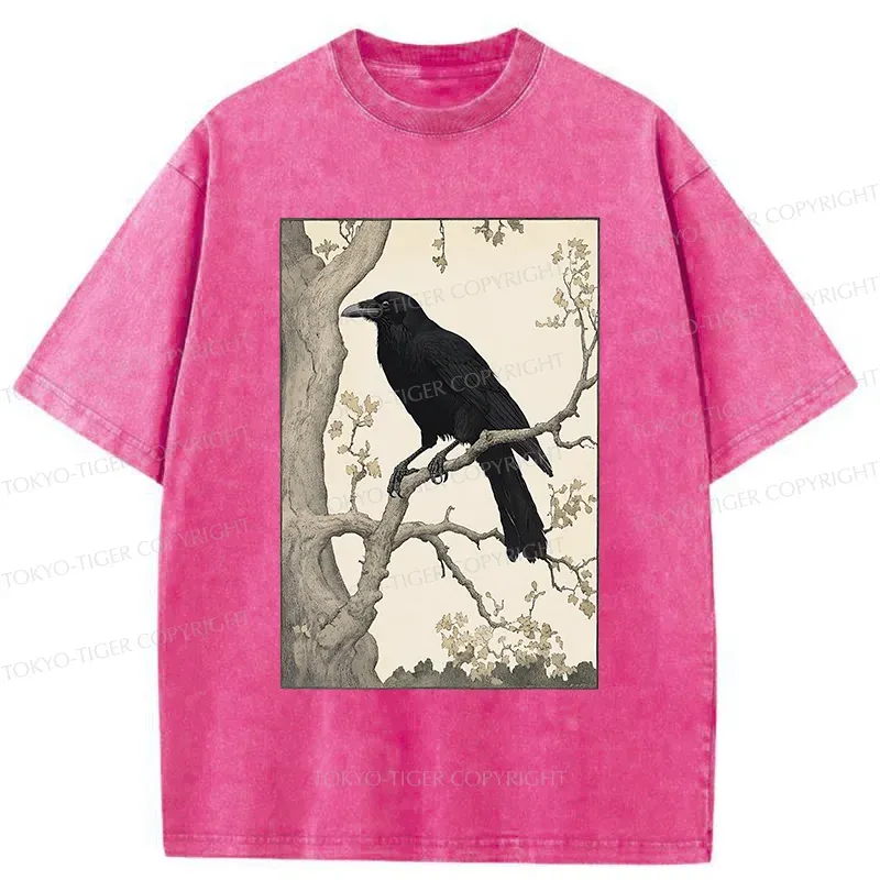Tokyo-Tiger Ancient Painting Of Crow Washed T-Shirt Sale