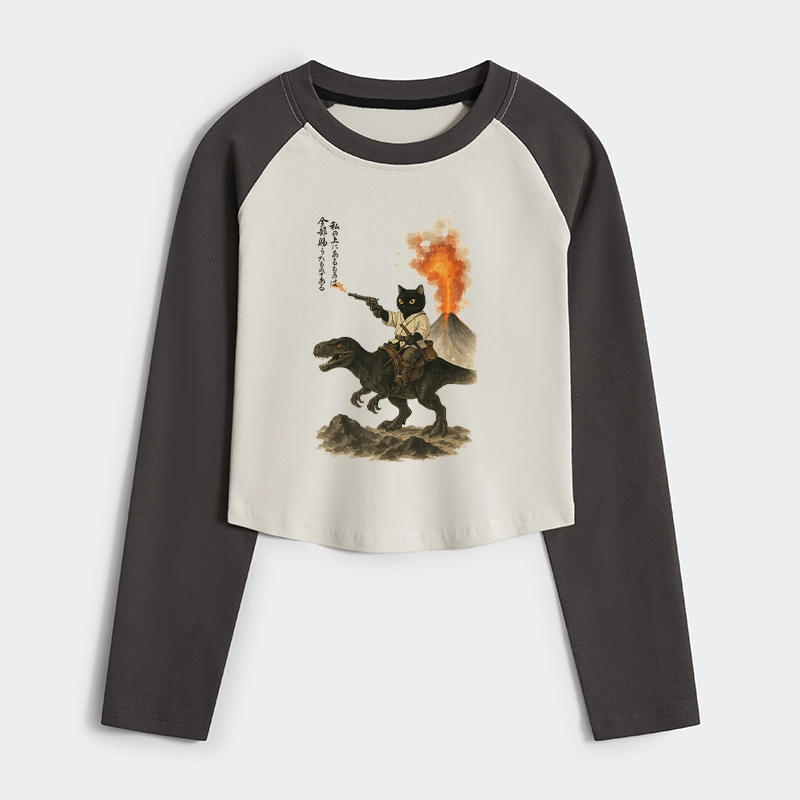 Tokyo-Tiger Cat Riding A Dinosaur Women's Crop Raglan T-Shirt