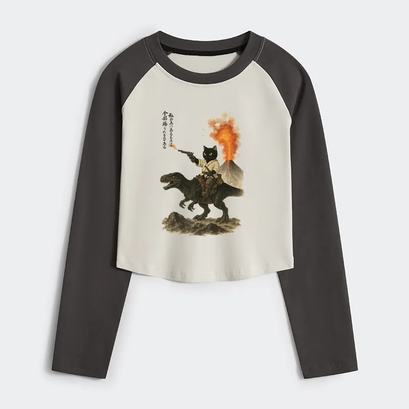 Tokyo-Tiger Cat Riding A Dinosaur Women's Crop Raglan T-Shirt