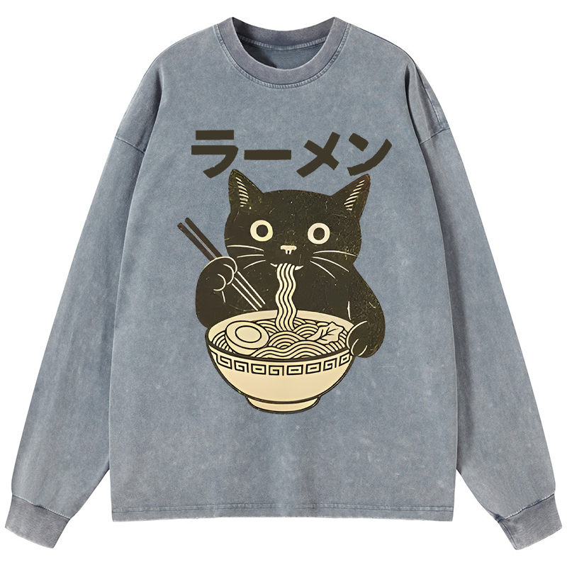 Tokyo-Tiger Simple Black Cat Eating Ramen Washed Long Sleeve T-Shirt