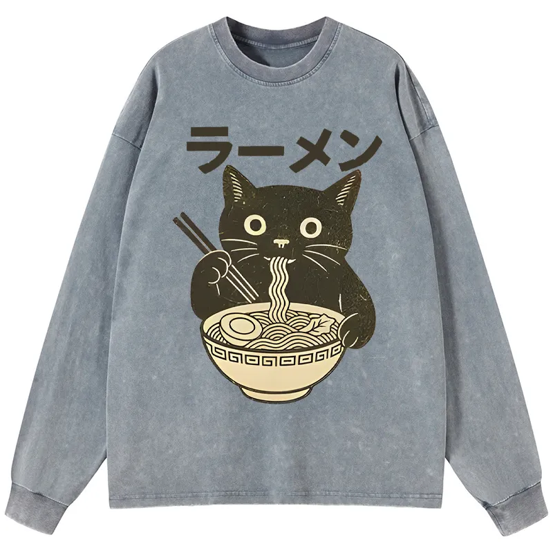 Tokyo-Tiger Simple Black Cat Eating Ramen Washed Long Sleeve T-Shirt
