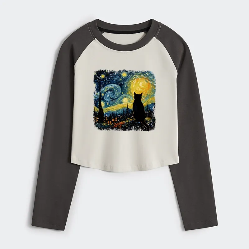 Tokyo-Tiger The Starry Night Cat Women's Crop Raglan T-Shirt