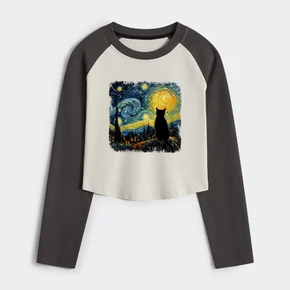 Tokyo-Tiger The Starry Night Cat Women's Crop Raglan T-Shirt