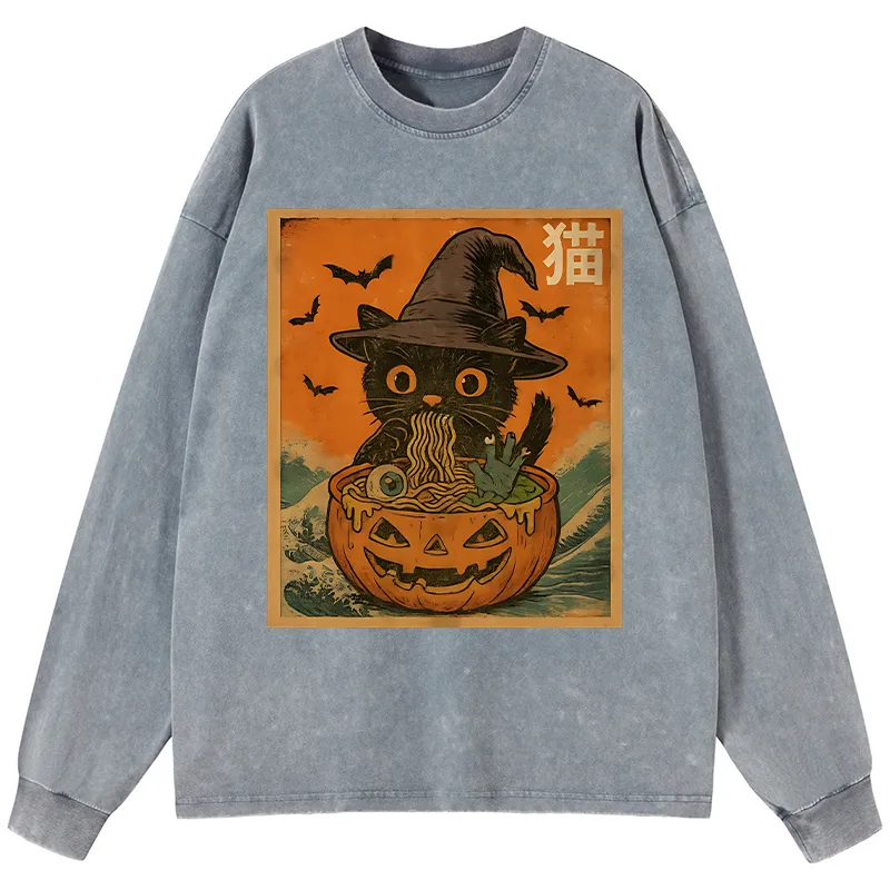 Tokyo-Tiger Halloween Cat Eating Ramen Washed Long Sleeve T-Shirt