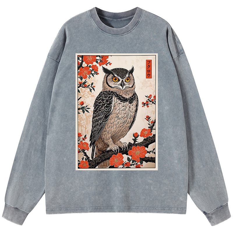 Tokyo-Tiger Vintage Japanese Owl Washed Long Sleeve T-Shirt