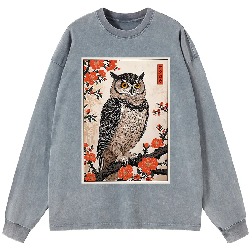 Tokyo-Tiger Vintage Japanese Owl Washed Long Sleeve T-Shirt