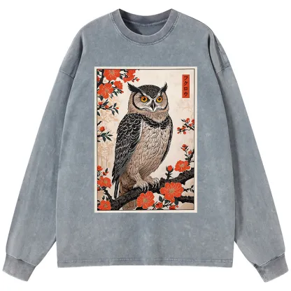 Tokyo-Tiger Vintage Japanese Owl Washed Long Sleeve T-Shirt