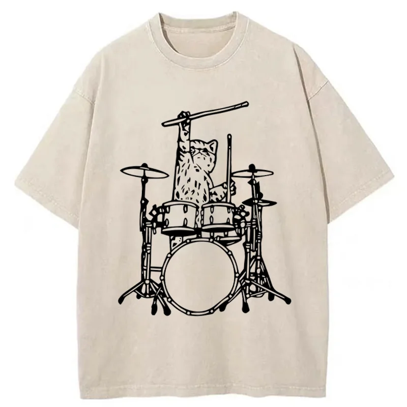 Tokyo-Tiger Handsome Cat Drummer Washed T-Shirt