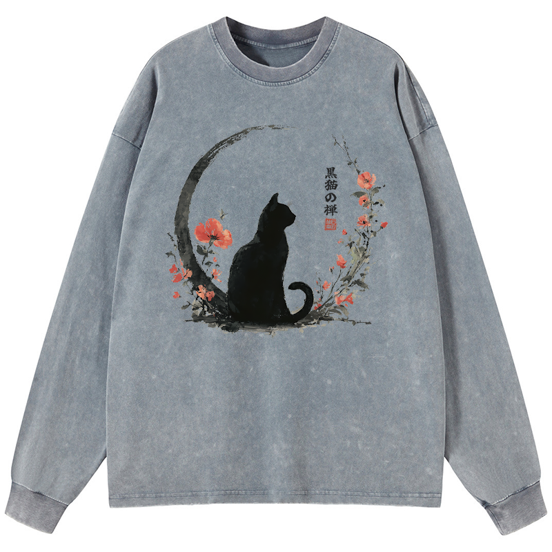 Tokyo-Tiger Black Cat And Flowers Washed Long Sleeve T-Shirt