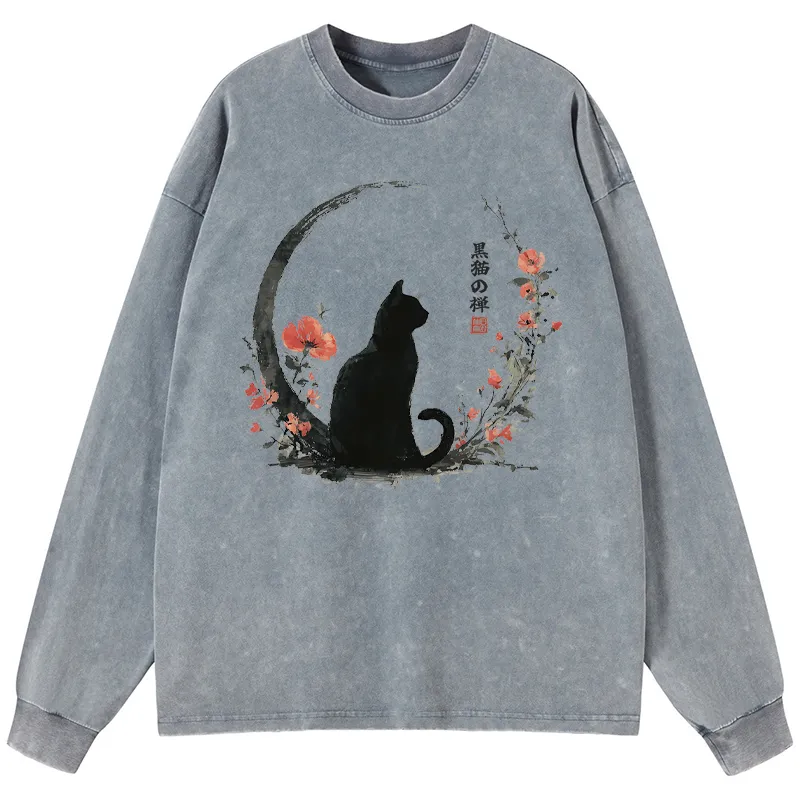 Tokyo-Tiger Black Cat And Flowers Washed Long Sleeve T-Shirt