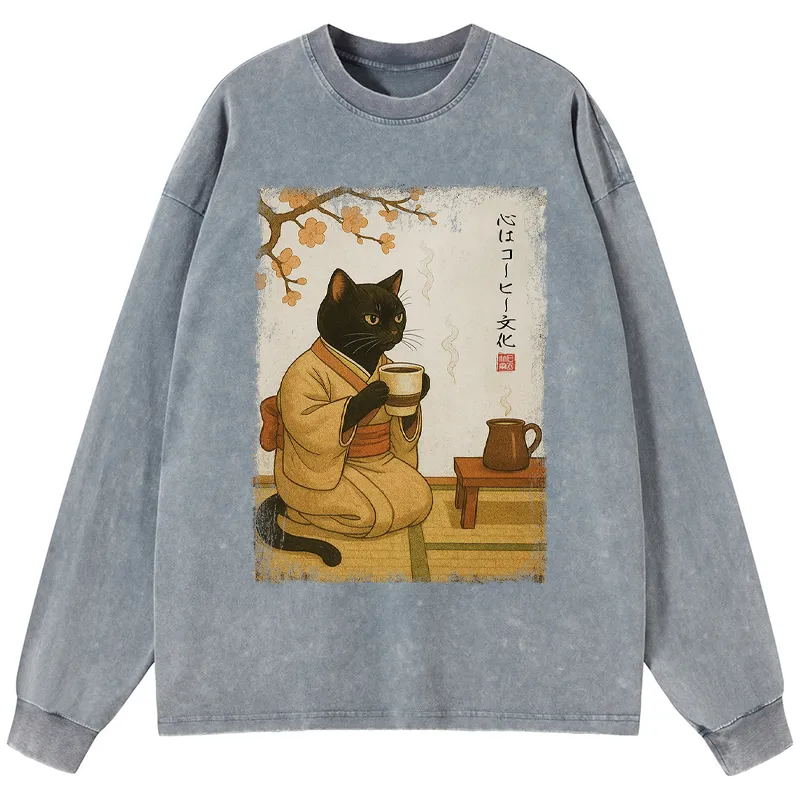 Tokyo-Tiger Cat Heart Full Of Coffee Washed Long Sleeve T-Shirt