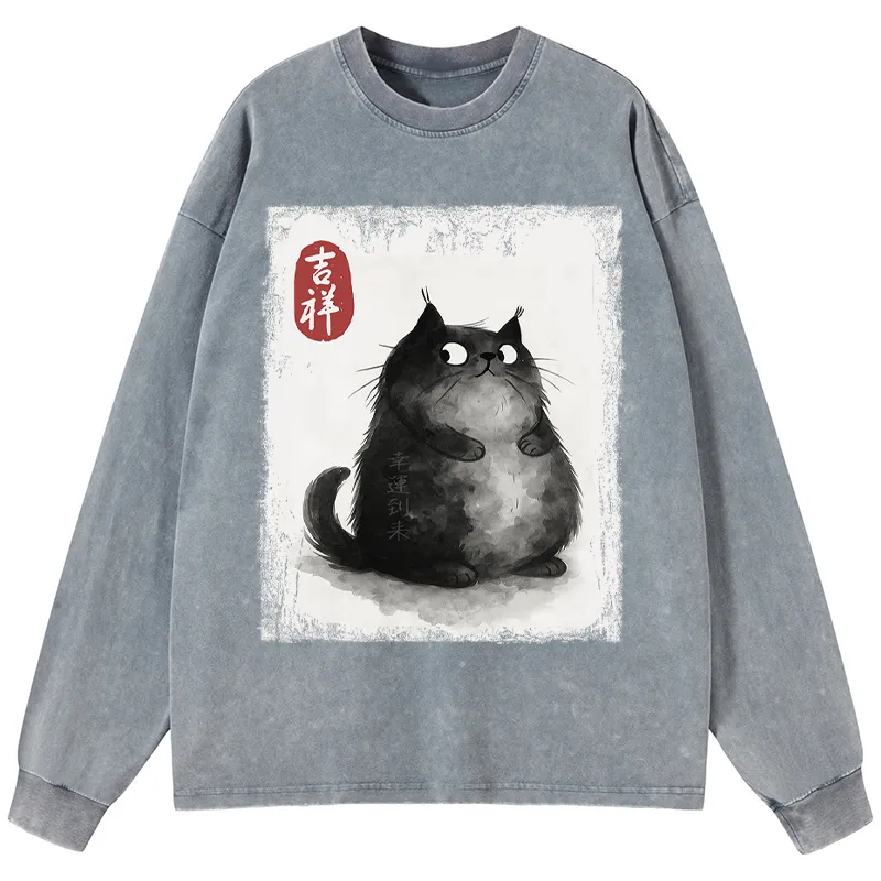 Tokyo-Tiger Auspicious Fluffy Black Cat Ink Painting Washed Long Sleeve T-Shirt