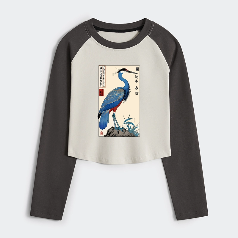 Tokyo-Tiger Colorful Crane Women's Crop Raglan T-Shirt
