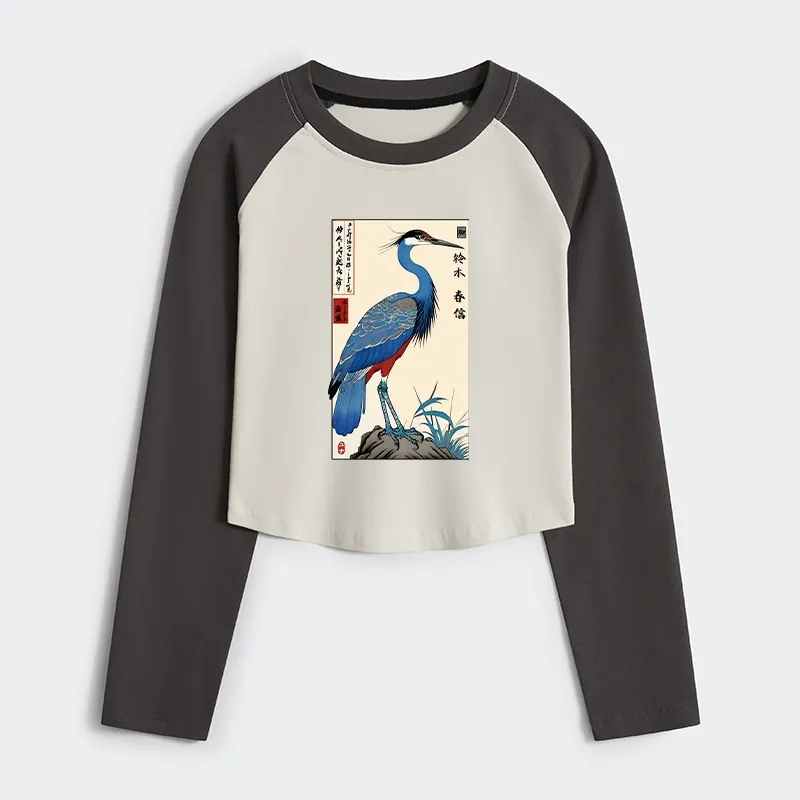 Tokyo-Tiger Colorful Crane Women's Crop Raglan T-Shirt