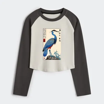 Tokyo-Tiger Colorful Crane Women's Crop Raglan T-Shirt