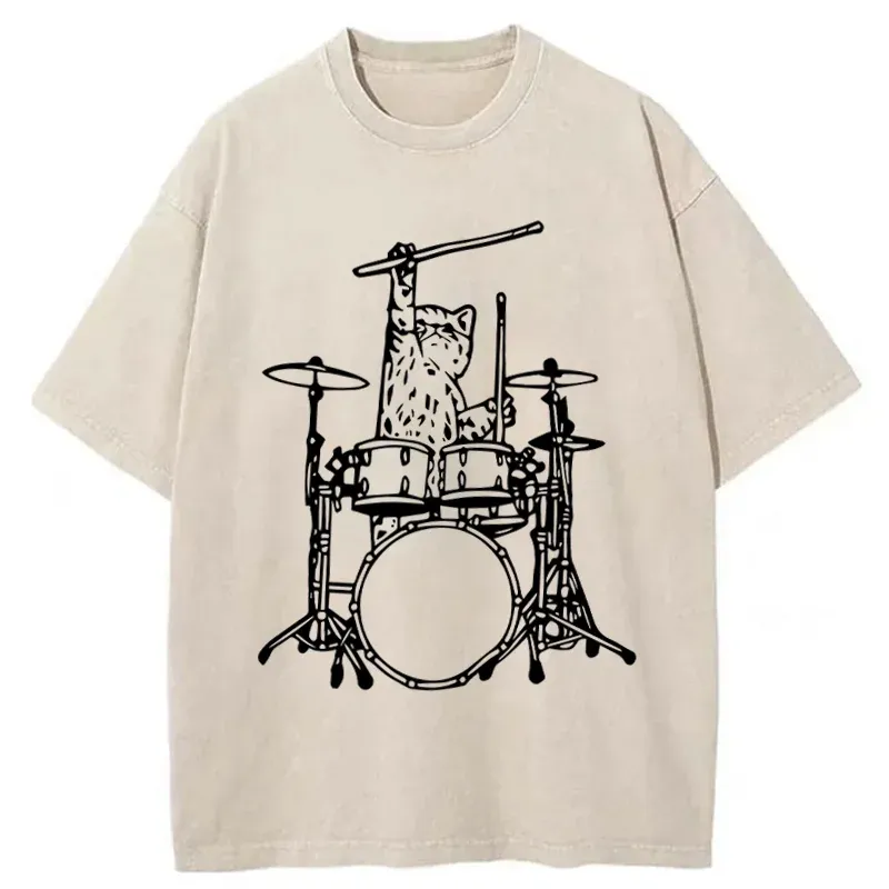 Tokyo-Tiger Handsome Cat Drummer Washed T-Shirt