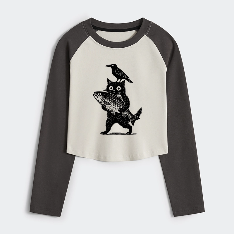 Tokyo-Tiger Black Animals Funny Women's Crop Raglan T-Shirt