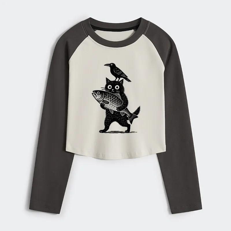 Tokyo-Tiger Black Animals Funny Women's Crop Raglan T-Shirt