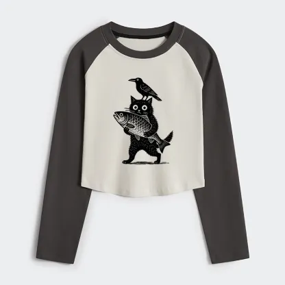 Tokyo-Tiger Black Animals Funny Women's Crop Raglan T-Shirt