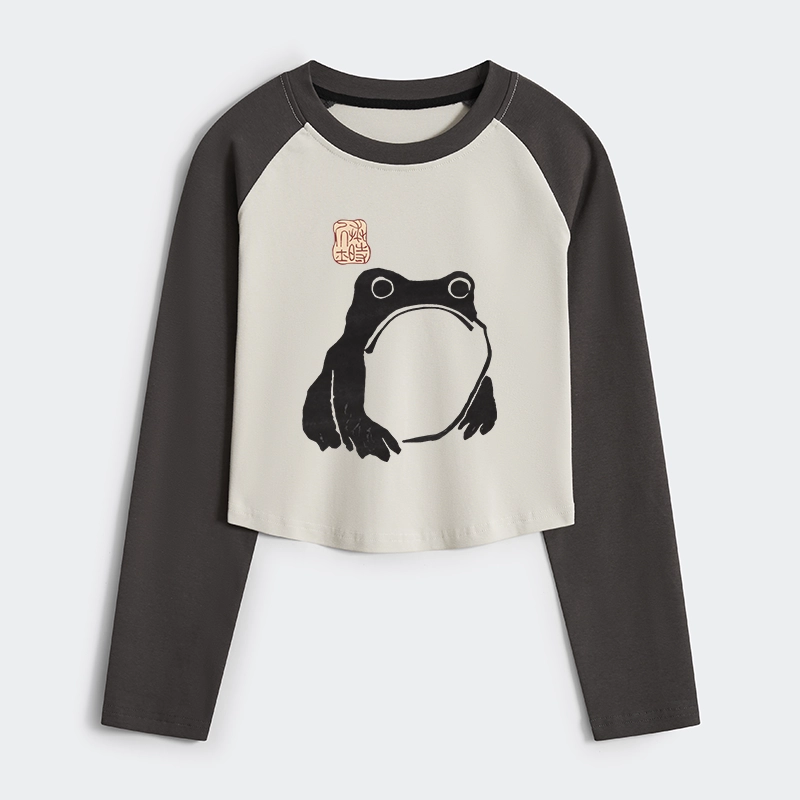 Tokyo-Tiger Matsumoto Hoji Woodblock Print Frog Women's Crop Raglan T-Shirt