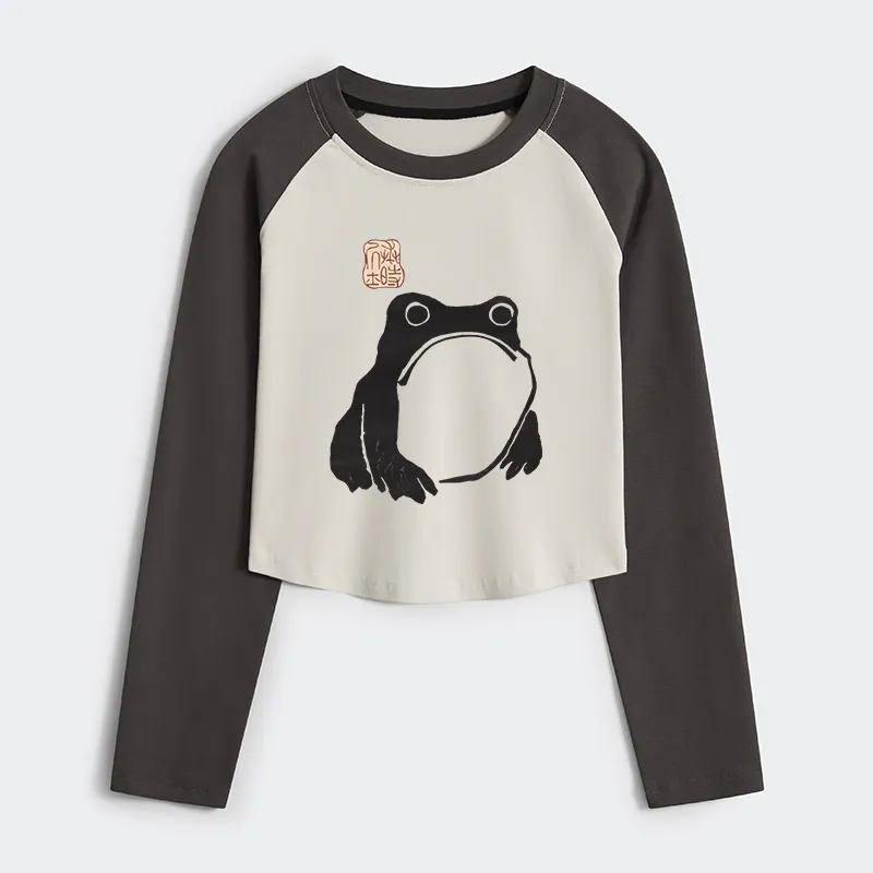 Tokyo-Tiger Matsumoto Hoji Woodblock Print Frog Women's Crop Raglan T-Shirt