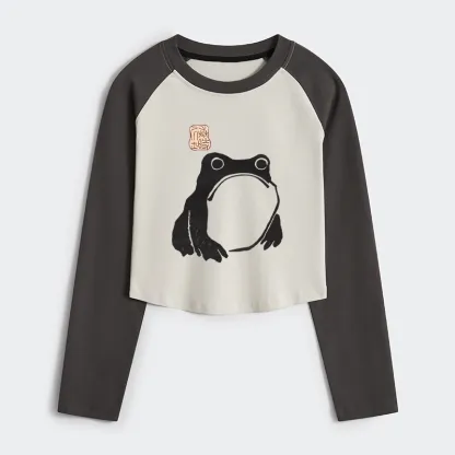 Tokyo-Tiger Matsumoto Hoji Woodblock Print Frog Women's Crop Raglan T-Shirt