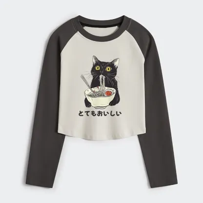 Tokyo-Tiger Cats Eat Ramen Women's Crop Raglan T-Shirt