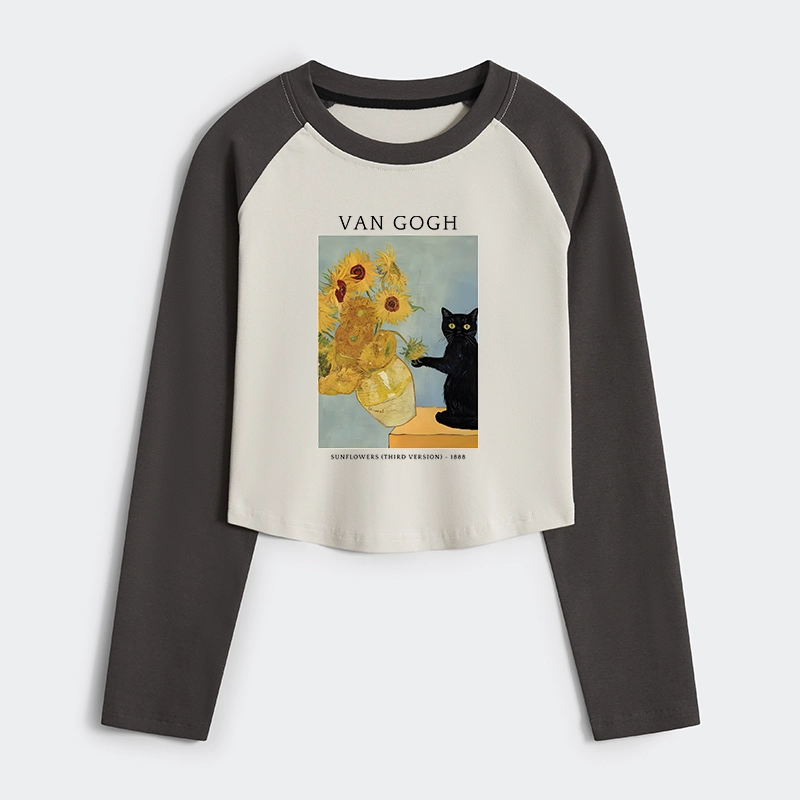 Tokyo-Tiger Black Cat With Sunflowers Women's Crop Raglan T-Shirt