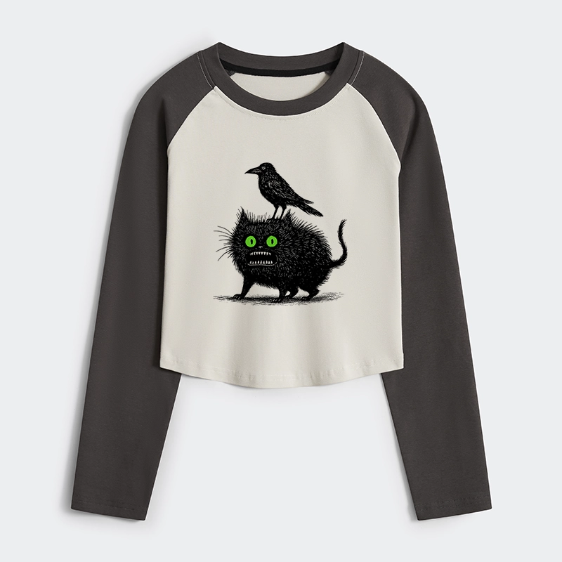 Tokyo-Tiger Crow And Black Cat Women's Crop Raglan T-Shirt