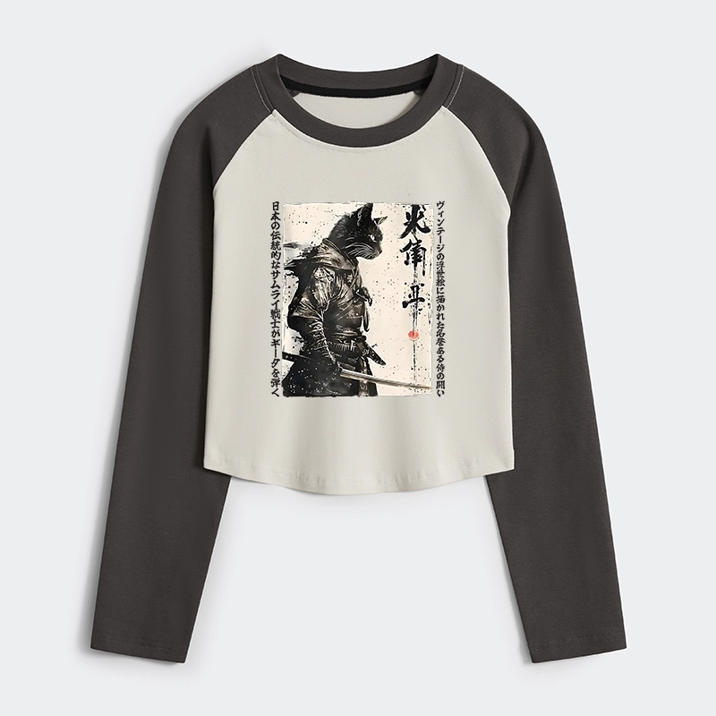 Tokyo-Tiger Cat Samurai Retro Women's Crop Raglan T-Shirt