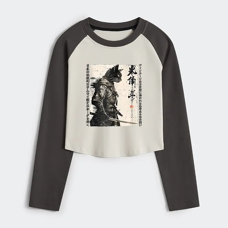 Tokyo-Tiger Cat Samurai Retro Women's Crop Raglan T-Shirt