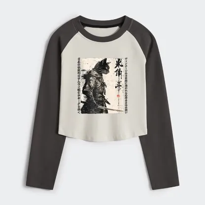 Tokyo-Tiger Cat Samurai Retro Women's Crop Raglan T-Shirt