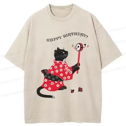 Tokyo-Tiger Birthday Cat Washed T-Shirt