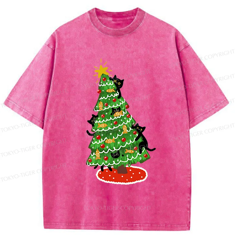 Tokyo-Tiger Christmas Tree Full Of Black Cats Washed T-Shirt