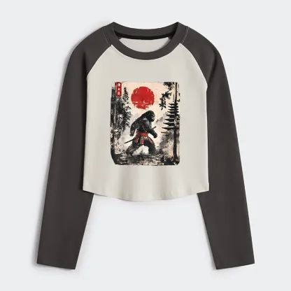 Tokyo-Tiger Japanese Samurai Bigfoot Women's Crop Raglan T-Shirt