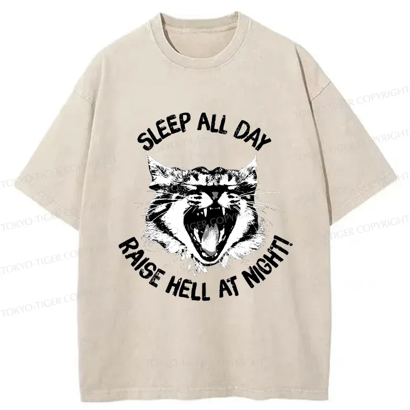 Tokyo-Tiger Cat Wreaking Havoc At Night Washed T-Shirt Sale
