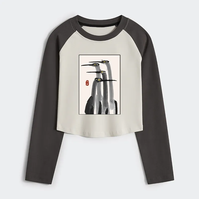 Tokyo-Tiger Japanese Crane Poster Women's Crop Raglan T-Shirt