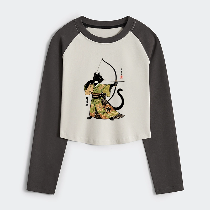 Tokyo-Tiger Japan Cat Archery Women's Crop Raglan T-Shirt