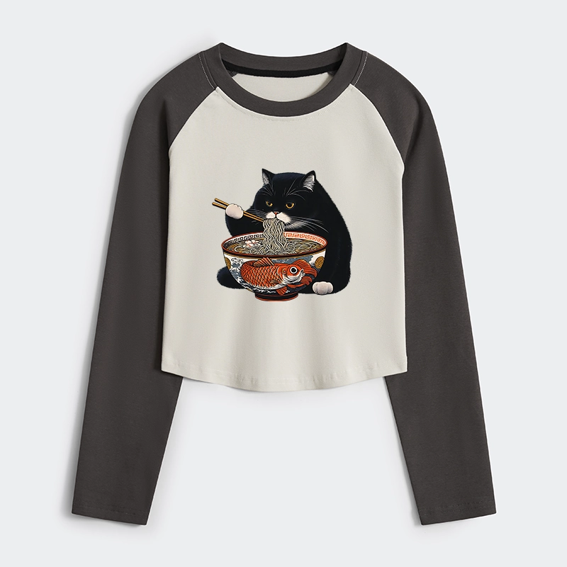 Tokyo-Tiger Fat Cat Eating Ramen Women's Crop Raglan T-Shirt