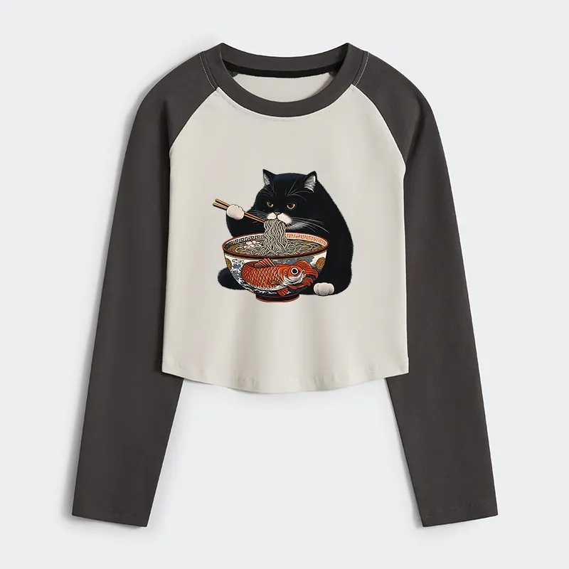 Tokyo-Tiger Fat Cat Eating Ramen Women's Crop Raglan T-Shirt