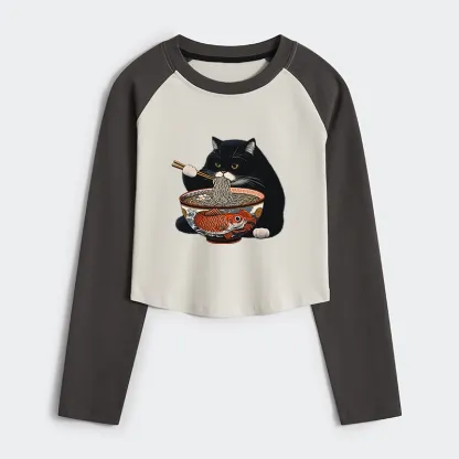 Tokyo-Tiger Fat Cat Eating Ramen Women's Crop Raglan T-Shirt
