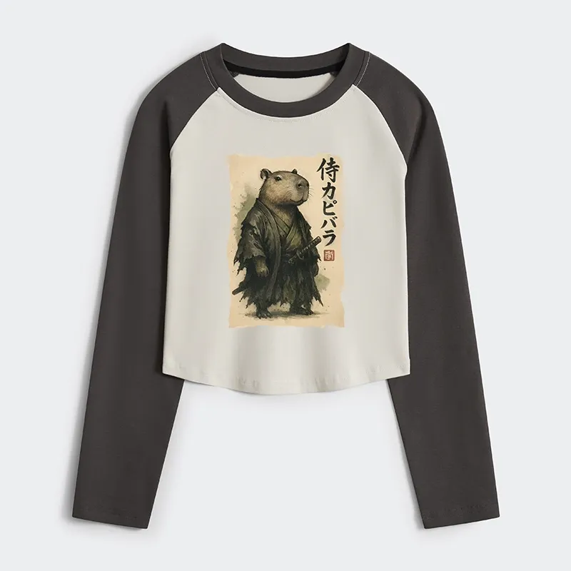 Tokyo-Tiger Capybara Samurai Women's Crop Raglan T-Shirt