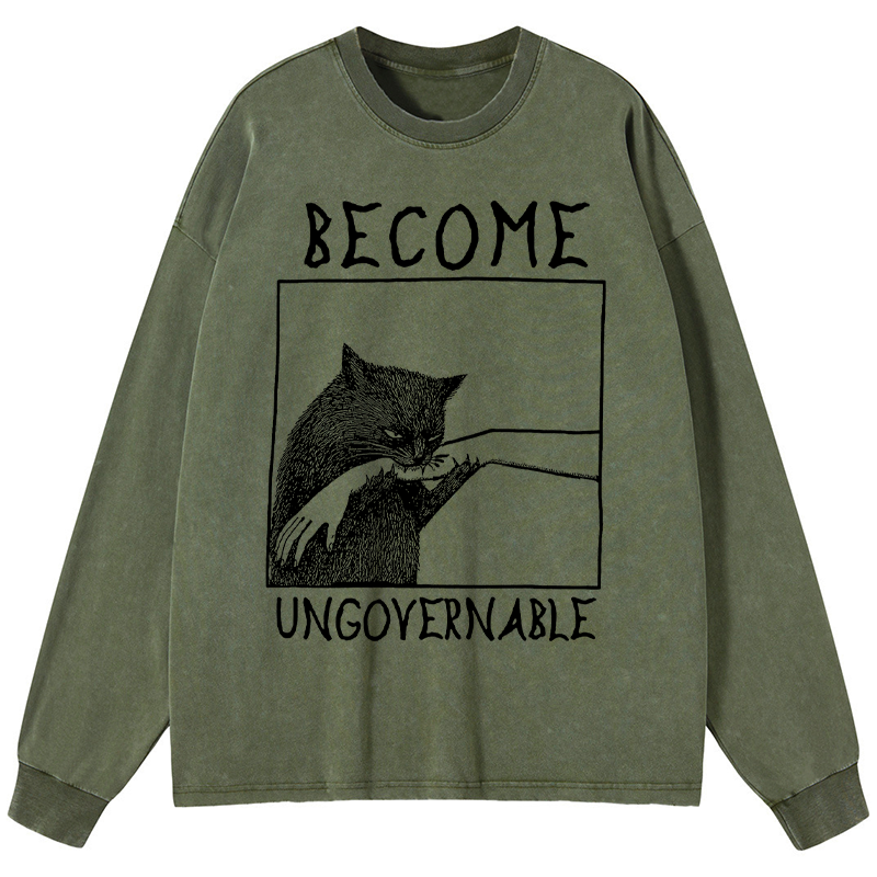 Tokyo-Tiger Cat Biting Arm Washed Long Sleeve T-Shirt