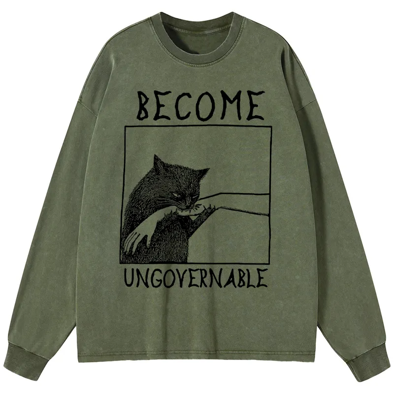 Tokyo-Tiger Cat Biting Arm Washed Long Sleeve T-Shirt