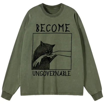 Tokyo-Tiger Cat Biting Arm Washed Long Sleeve T-Shirt