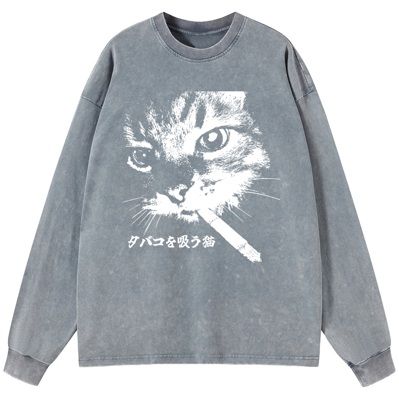 Tokyo-Tiger Retro Cat Smoking Washed Long Sleeve T-Shirt
