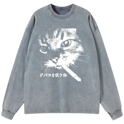 Tokyo-Tiger Retro Cat Smoking Washed Long Sleeve T-Shirt