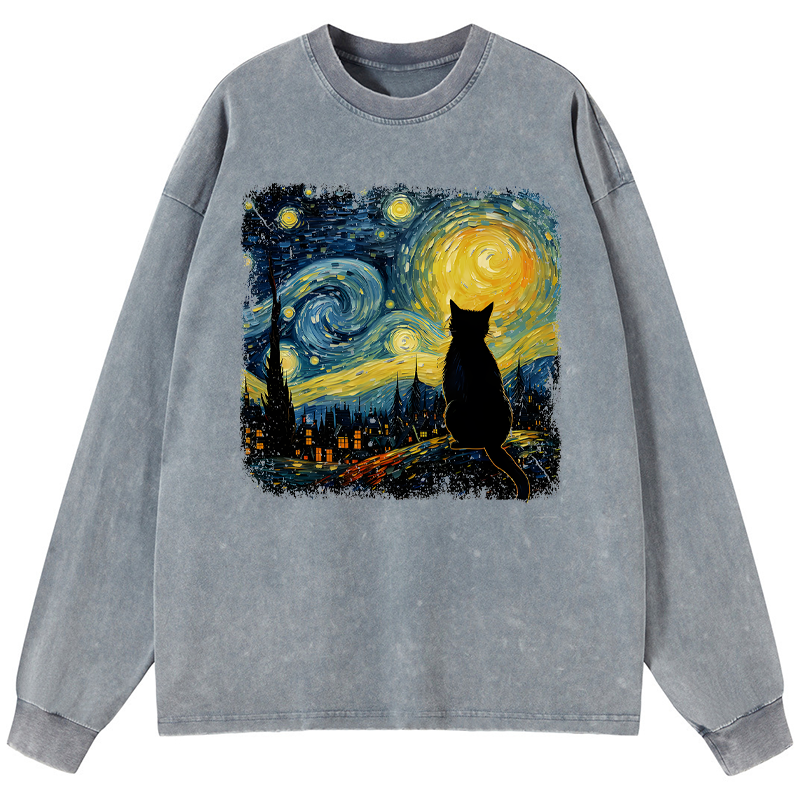 Tokyo-Tiger The Starry Night Cat Washed Long Sleeve T-Shirt