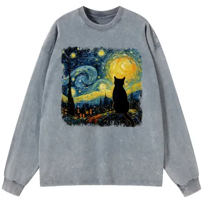 Tokyo-Tiger The Starry Night Cat Washed Long Sleeve T-Shirt